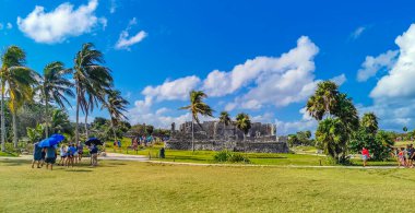 Tulum Meksika 21. Şubat 2022 Antik Tulum, Tulum Meksika 'da tropikal doğal orman palmiyesi ve deniz manzarası üzerindeki kalıntılar ve tapınak kalıntıları ile Maya bölgesini harap etti..