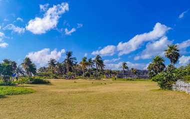 Tulum Meksika 21. Şubat 2022 Antik Tulum, Tulum Meksika 'da tropikal doğal orman palmiyesi ve deniz manzarası üzerindeki kalıntılar ve tapınak kalıntıları ile Maya bölgesini harap etti..