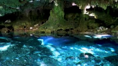 İnanılmaz mavi turkuaz su ve kireçtaşı mağarası çöküntüsü Puerto Aventuras Quintana Roo Mexico 'da Tajma ha Tajmaha' yı sahneledi..