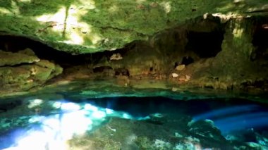 İnanılmaz mavi turkuaz su ve kireçtaşı mağarası çöküntüsü Puerto Aventuras Quintana Roo Mexico 'da Tajma ha Tajmaha' yı sahneledi..