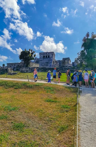 Tulum Meksika 21. Şubat 2022 Antik Tulum, Tulum Meksika 'da tropikal doğal orman palmiyesi ve deniz manzarası üzerindeki kalıntılar ve tapınak kalıntıları ile Maya bölgesini harap etti..