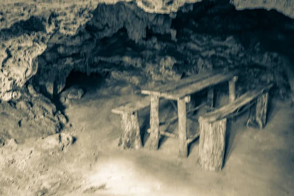 Vieille Image Noir Blanc Eau Turquoise Bleue Incroyable Caverne Calcaire — Photo