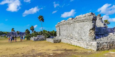 Tulum Meksika 24. Şubat 2022 Antik Tulum, Tulum Meksika 'da tropikal doğal orman palmiyesi ve deniz manzarası üzerindeki kalıntılar ve tapınak kalıntıları ile Maya bölgesini harap etti..