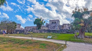 Tulum Meksika 24. Şubat 2022 Antik Tulum, Tulum Meksika 'da tropikal doğal orman palmiyesi ve deniz manzarası üzerindeki kalıntılar ve tapınak kalıntıları ile Maya bölgesini harap etti..