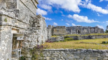 Antik Tulum, Tulum Meksika 'daki tropikal doğal orman palmiyesi ve deniz manzarasında tapınak kalıntıları ve eserlerle Maya bölgesini harabeye çeviriyor..