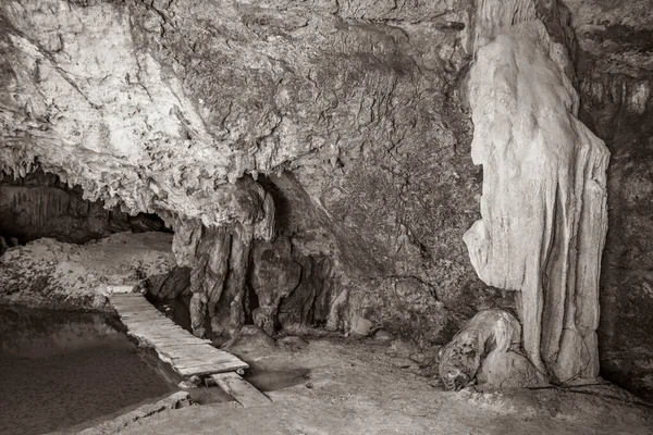 Old black and white picture of Amazing blue turquoise water and limestone cave sinkhole cenote at Santuario de los guerreros in Puerto Aventuras Quintana Roo Mexico.