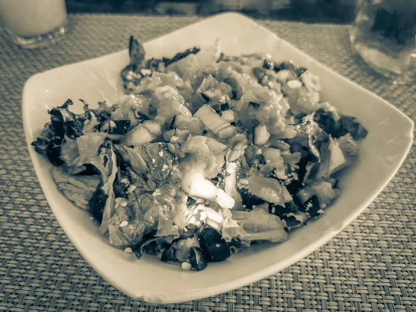 Foto Blanco Negro Plate Healthy Salad Food Drink Restaurante Papacharly — Foto de Stock