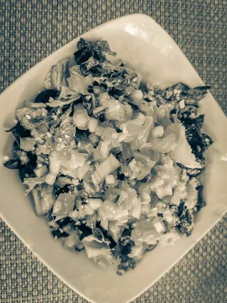 Old Black White Picture Plate Healthy Salad Food Drink Restaurant — ストック写真