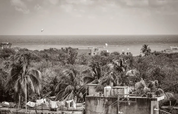 Old black and white picture of Amazing cityscape landscape and caribbean ocean and beach panorama view of Playa del Carmen in Quintana Roo Mexico.