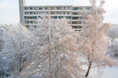 Muhteşem kar yağışı ve buz manzarası. Ağaçlar mavi gökyüzü ve Leherheide Bremerhaven Bremen Almanya 'sında bir kasaba..