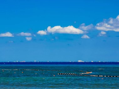 Sargazo deniz yosunu ağıyla tropik Meksika plajı ve Cozumel Adası manzaralı Playa del Carmen Meksika 'da turkuaz mavisi su...