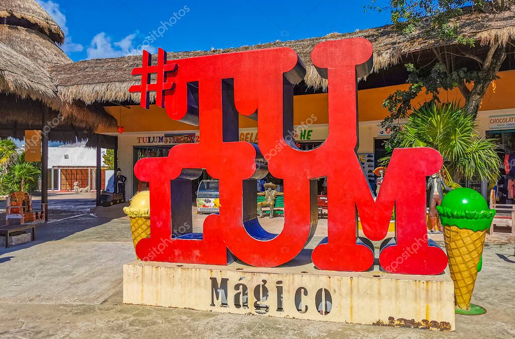Tulum Mexico 09. march 2022 Big red sign lettering writing Tulum Magico