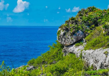 Antik Tulum 'daki doğal deniz manzarası, Tulum Meksika' daki tropikal doğal orman palmiyesinde tapınak kalıntıları ve eserlerle Maya bölgesini harap ediyor..