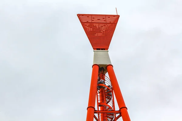 Industrial Area Cranes Red Tower Lighthouse Beautiful Grassland Dike Dyke —  Fotos de Stock