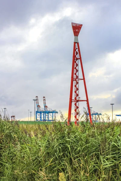 Industrial Area Cranes Red Tower Lighthouse Beautiful Grassland Dike Dyke — Foto Stock