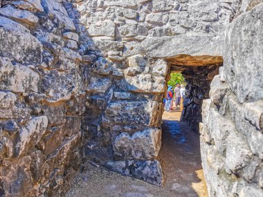 Tulum Meksika 24. Haziran 2022 Antik Tulum, Tulum Meksika 'da tropikal doğal orman palmiyesi ve deniz manzarası üzerindeki kalıntılar ve tapınak kalıntıları ile Maya bölgesini harap etti..