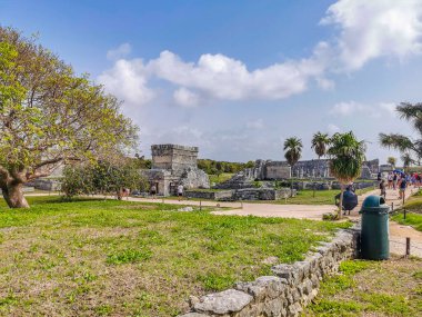 Tulum Meksika 10. Haziran 2022 Antik Tulum, Tulum Meksika 'da tropikal doğal orman palmiyesi ve deniz manzarası üzerindeki kalıntılar ve tapınak kalıntıları ile Maya bölgesini harap etti..