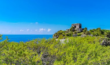 Antik Tulum, Tulum Meksika 'daki tropikal doğal orman palmiyesi ve deniz manzarasında tapınak kalıntıları ve eserlerle Maya bölgesini harabeye çeviriyor..