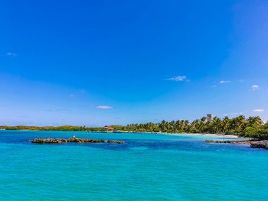 Amazing landscape panorama view with turquoise blue water palm trees blue sky and the natural tropical beach and the forest on the beautiful island of Contoy in Quintana Roo Mexico.