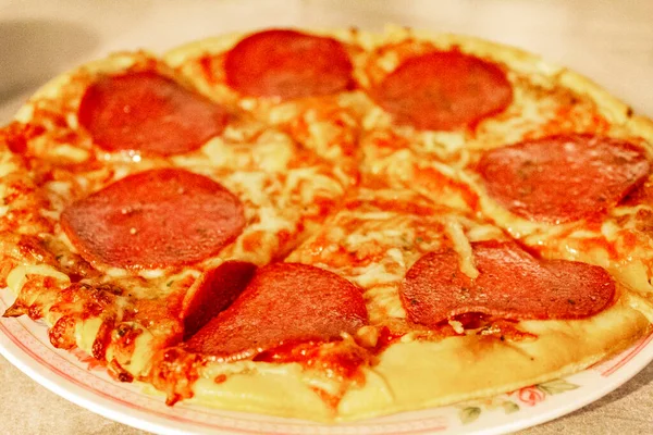 Salami Pizza Plate Cut Pieces Bremerhaven Germany — Stockfoto