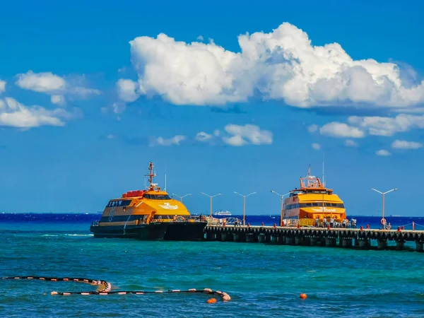 Playa del Carmen Mexico 14. May 2022 Ultramar Ferry to Cozumel island at the Fundadores park with blue sky and turquoise seascape and beach panorama in Playa del Carmen Quintana Roo Mexico.