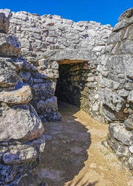 Antik Tulum, Tulum Meksika 'daki tropikal doğal orman palmiyesi ve deniz manzarasında tapınak kalıntıları ve eserlerle Maya bölgesini harabeye çeviriyor..