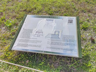 Tulum Mexico 10. June 2022 Ancient Tulum ruins Mayan site with temple ruins pyramids and artifacts tourist information board sign in the tropical natural jungle forest palm in Tulum Mexico.