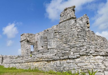 Antik Tulum, Tulum Meksika 'daki tropikal doğal orman palmiyesi ve deniz manzarasında tapınak kalıntıları ve eserlerle Maya bölgesini harabeye çeviriyor..
