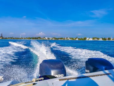 Cancun Mexico 28. June 2022 Boat trip from Cancun to Island Mujeres Contoy and Whale shark tour natural seascape panorama blue turquoise green clear water view from boat in Quintana Roo Mexico.