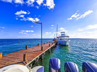 Cancun Mexico 24. January 2022 Boat trip from Cancun to Island Mujeres Contoy and Whale shark tour natural seascape panorama blue turquoise green clear water view from boat in Quintana Roo Mexico.