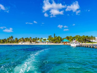 Boat trip tour from Cancun to Island Mujeres Isla Contoy and Whale shark tour with natural tropical seascape panorama and blue turquoise and green clear water view from boat in Quintana Roo Mexico.