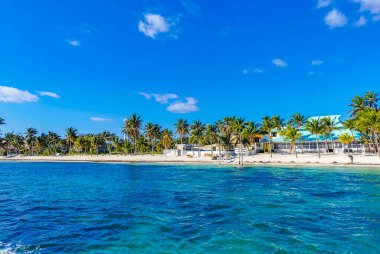 Beautiful Playa Azul beach and seascape panorama with blue turquoise water hotels resorts and palm trees in Cancun Quintana Roo Mexico.