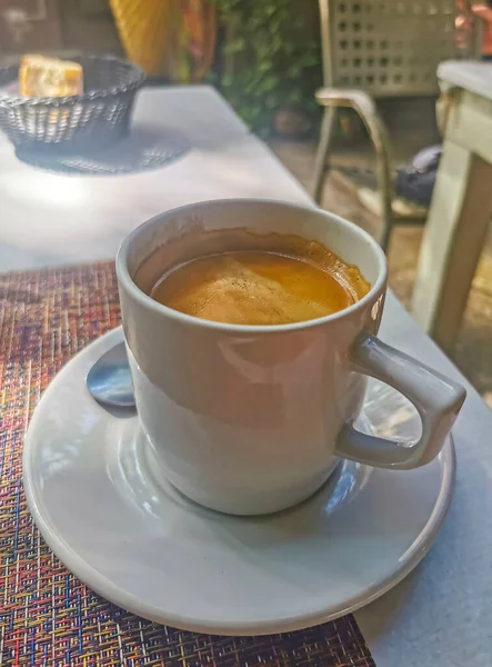 Glass Cup Americano Black Coffee Spoon Plate Table Food Drink — Zdjęcie stockowe