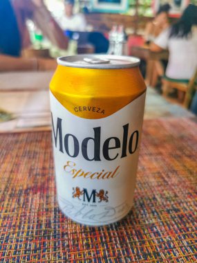 Playa del Carmen Mexico 06. April 2022 Modelo beer bottle food and drink in the restaurant PapaCharly Papa Charly in Playa del Carmen Quintana Roo Mexico.