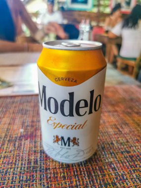 Playa del Carmen Mexico 06. April 2022 Modelo beer bottle food and drink in the restaurant PapaCharly Papa Charly in Playa del Carmen Quintana Roo Mexico.