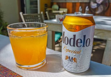 Playa del Carmen Mexico 12. May 2022 Modelo beer bottle food and drink in the restaurant PapaCharly Papa Charly in Playa del Carmen Quintana Roo Mexico.