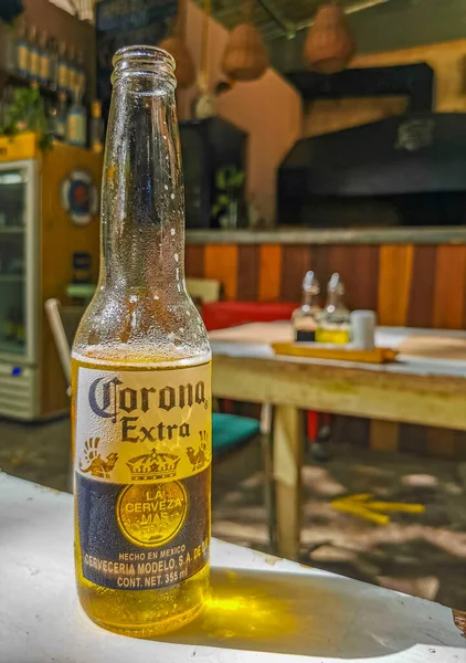 Playa del Carmen Mexico 12. June 2022 Corona beer bottle food and drink in the restaurant PapaCharly Papa Charly in Playa del Carmen Quintana Roo Mexico.