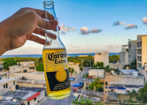 Playa del Carmen Mexico 19. April 2022 Pacifico beer bottle with amazing cityscape landscape and caribbean ocean and beach panorama view of Playa del Carmen in Quintana Roo Mexico.