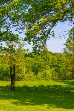 Natural beautiful panorama view with lake river walking pathway and green plants trees in the forest of Speckenbuetteler Park in Lehe Bremerhaven Germany.