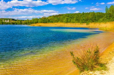 Güzel taş ocağı gölü tarama gölü mavi turkuvaz su gökyüzü ve manzara doğa ormanı manzarası Eggestedt Schwanewede Osterholz Aşağı Saksonya Almanya 'sı.