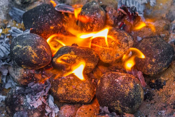 Preparing Barbeque Bbq Campfire Burning Wood Orange Flames Speckenbuetteler Park — Stock Photo, Image