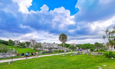 Tulum Mexico 13. August 2022 Ancient Tulum ruins Mayan site with temple ruins pyramids and artifacts in the tropical natural jungle forest palm and seascape panorama view in Tulum Mexico.