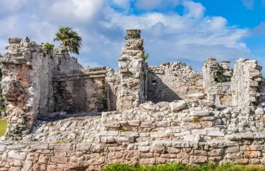 Antik Tulum, Tulum Meksika 'daki tropikal doğal orman palmiyesi ve deniz manzarasında tapınak kalıntıları ve eserlerle Maya bölgesini harabeye çeviriyor..
