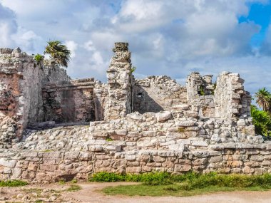 Antik Tulum, Tulum Meksika 'daki tropikal doğal orman palmiyesi ve deniz manzarasında tapınak kalıntıları ve eserlerle Maya bölgesini harabeye çeviriyor..