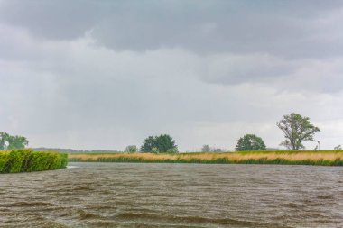 Heavy rain thunderstorm storm clouds wind in forest trees and water waves of Oste river in Hemmoor Hechthausen Cuxhaven Lower Saxony Germany.