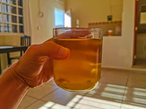 Glass Cup Pot Hot Ginger Tea Wooden Table Mexico — ストック写真