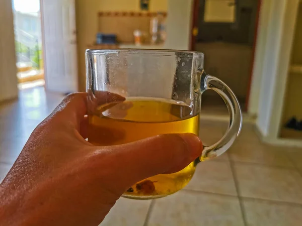 Glass Cup Pot Hot Ginger Tea Wooden Table Mexico — Stok fotoğraf