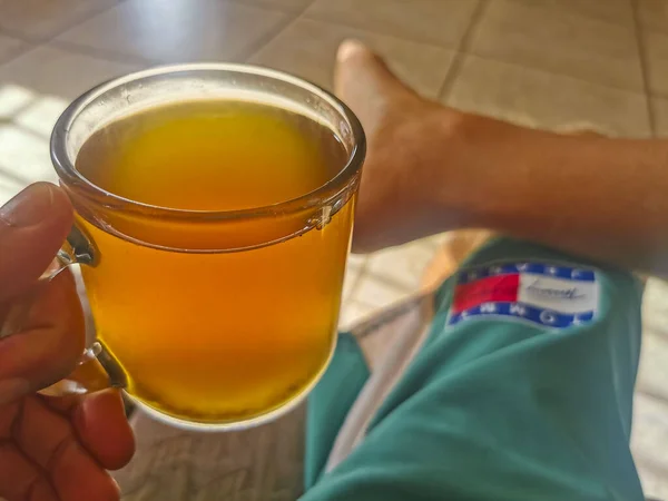 Glass Cup Pot Hot Ginger Tea Wooden Table Mexico — Fotografia de Stock