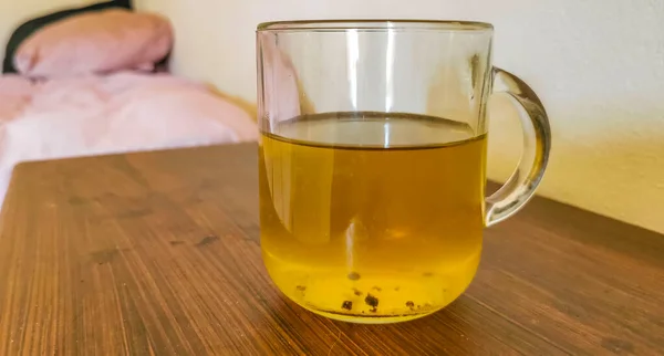 Glass Cup Pot Hot Ginger Tea Wooden Table Mexico — Stockfoto