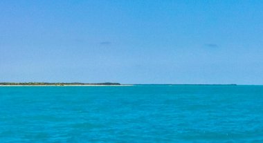 Boat trip tour from Cancun to Island Mujeres Isla Contoy and Whale shark tour with natural tropical seascape panorama and blue turquoise and green clear water view from boat in Quintana Roo Mexico.